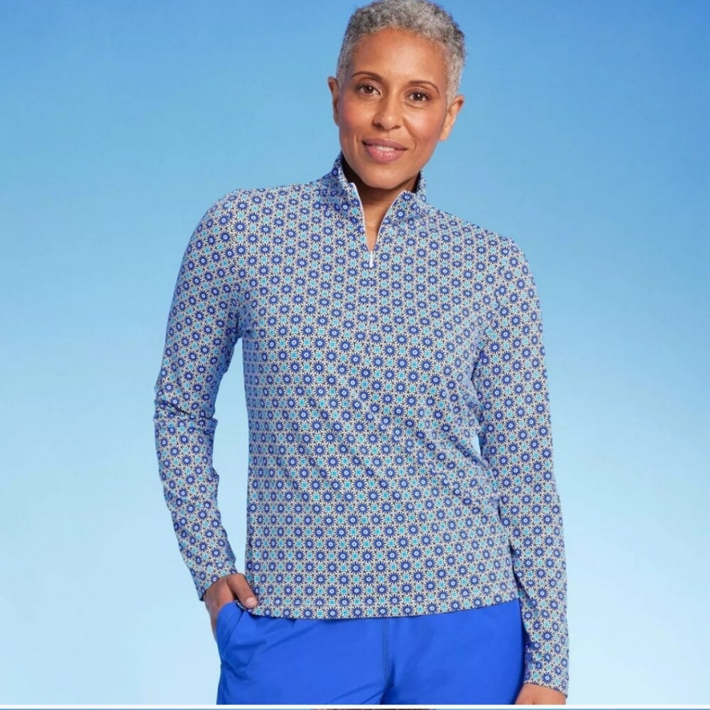 Lands' End Blue and White Printed Long-Sleeve Quarter-Zip Top